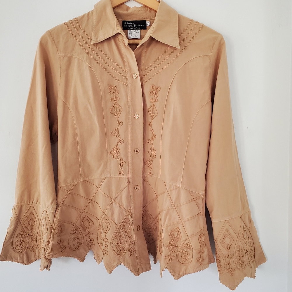 G. DESIGNS Sz L Embroidered Button Down Tan Shirt Peru Cotton Bohemian Western - Picture 12 of 13
